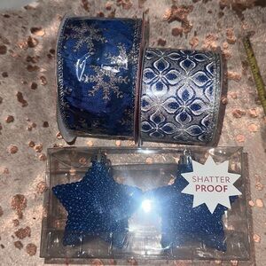 NWT Blue Star Shatterproof Ornaments and Ribbon Set